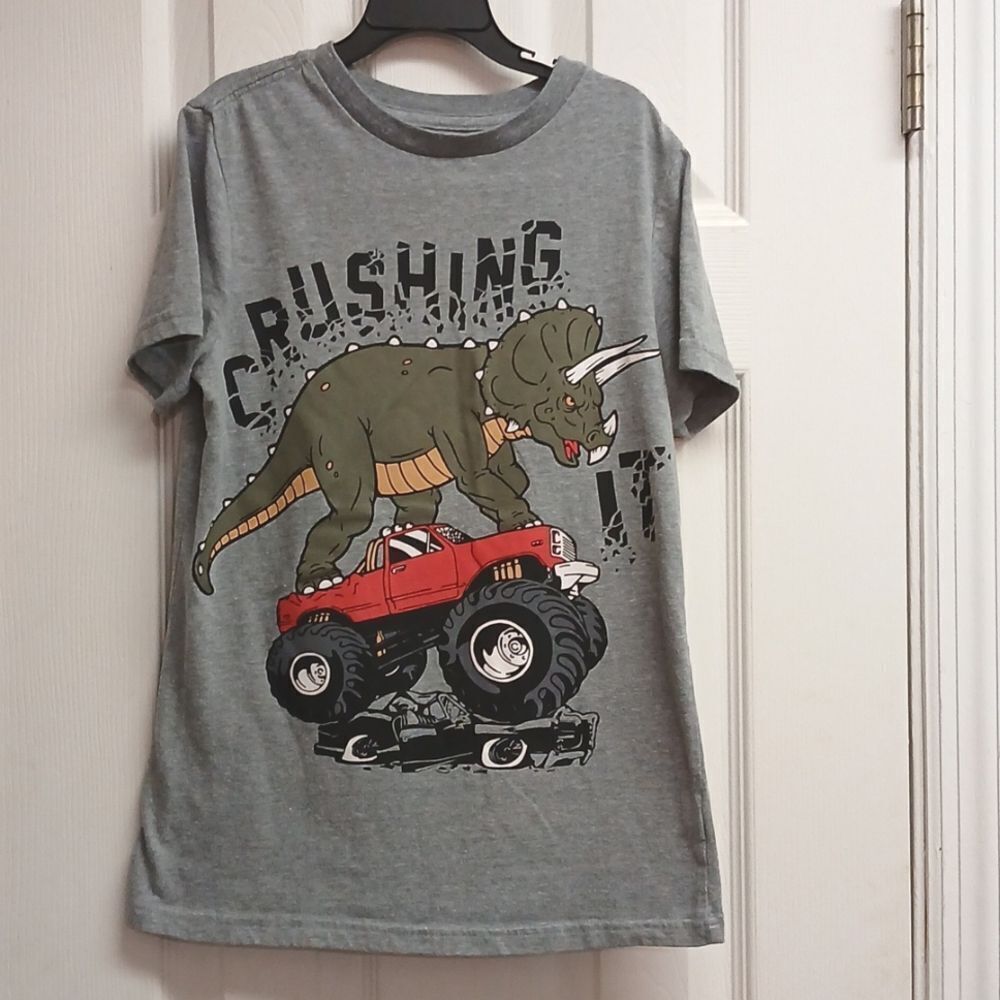 🩷FAB KIDS Boys Size L 10/12 Crushing Dinosaur Tshirt Gray